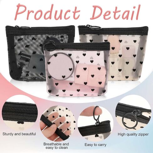 Mini Cosmetic Bags, 2Pcs Heart Print Mini Zipper Mesh Bags, Lipstick Cosmetic Accessories Organizer, Mini Mesh Makeup Bag, Mini Zipper Mesh Cosmetic Bag for Women, Small Makeup Bag for Purse, 2 Sizes in Saudi Arabia