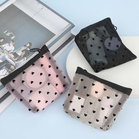 Mini Cosmetic Bags, 2Pcs Heart Print Mini Zipper Mesh Bags, Lipstick Cosmetic Accessories Organizer, Mini Mesh Makeup Bag, Mini Zipper Mesh Cosmetic Bag for Women, Small Makeup Bag for Purse, 2 Sizes in Saudi Arabia