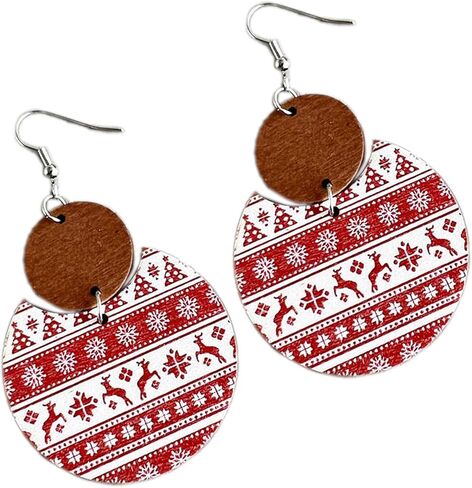 Colorful Christmas Plaid Round Wooden Dangle Earrings Dainty Christmas Plaid Snowflake Deer Tree Flower Print Earrings for Women Girls Jewelry in Saudi Arabia