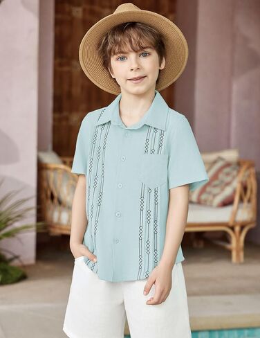 قميص Arshiner Boys من القطن والكتان الكوبي Guayabera قميص كاجوال بأكمام قصيرة وأزرار سفلية قمصان صيفية للشاطئ in Saudi Arabia