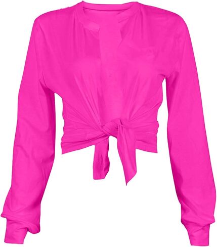 LovelyWholesale المرأة مثير التعادل الجبهة المحاصيل قمم طويلة الأكمام الخامس الرقبة تي شيرت أبيض صغير in Kuwait