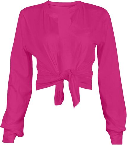 LovelyWholesale المرأة مثير التعادل الجبهة المحاصيل قمم طويلة الأكمام الخامس الرقبة تي شيرت أبيض صغير in Kuwait