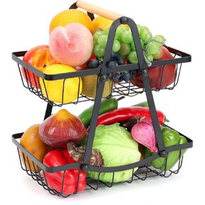 2 Tier Fruit Basket, Vegetable Basket for Kitchen, Detachable Metal Fruit Holder Fruit Bowl Stand with Wood Handle for Kitchen Counter Fruit and Vegetable Storage, Bread Basket, Snack Organizer