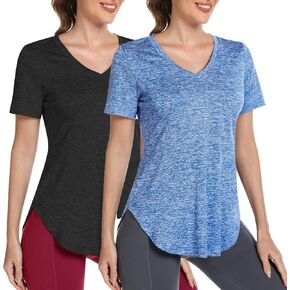 2PCS Short Sleeve Workout Shirts Women Loose Fit, V-Neck Women Exercise T-Shirt Workout Top, Dry Fit Yoga Gym Sport Tops, Black & Blue,XXL