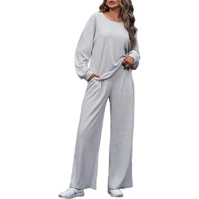 MakeMeChic Women's Casual 2 Piece Outfits Long Sleeve Pullover Sweatshirt Top and Wide Leg Pants Set