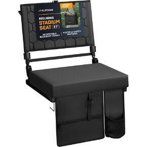 Extra Wide Folding Reclining Stadium Seat with Back Suppot for Bleachers, Bleacher Hooks, Thick Cushion, Cup Holder, Storage Pockets – Portable Chair for Kayak, Canoe, Paddle Board, Concerts, & Sports