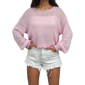 Velius Women Crochet Hollow Out Long Sleeve Lightweight Pullover Sweater