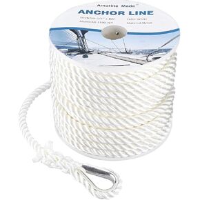 Amarine Made 1/2in 100ft Anchor Line, 3 Strand Twisted Nylon Anchor Rope,White Multipurpose Anchor Rope, Solid Braided Boat Anchor Rope for Boating, Anchoring, Pulling