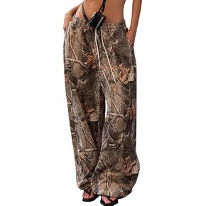 Women Baggy Wide Leg Camo Sweatpants Y2K Drawstring Camouflage Pants Loose Cargo Pants Joggers with Pockets