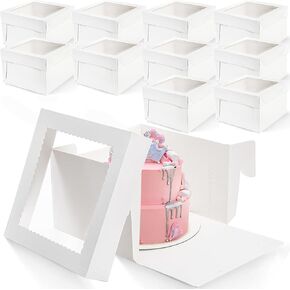 10 Pack Cake Boxes with Window, 12x12x8 Inch Large Cake Boxes for Tiered Cake, White Bakery Boxes with Board, Tall Square Cardboard Cake Box for Cupcakes Pies Cookies Wedding Party Birthday