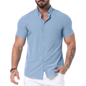 Askdeer Men's Muscle Fit Shirts Wrinkle-Free Short Sleeve Casual Shirt Stretch Slim Button Down Shirt