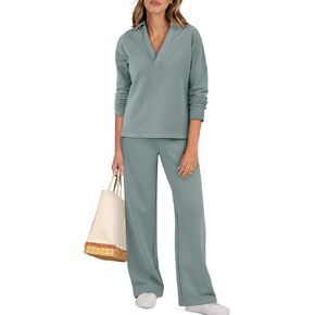 ANRABESS Lounge Sets for Women 2 Piece Outfits Sweatsuit Set Fall V Neck Sweatshirts Wide Leg Pants Tracksuits Cyan X-Large