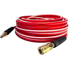 Air Hose 1/4 in x 100 ft, Heavy Duty, Lightweight, Kink Resistant, Hybrid Air Compressor Hose with 1/4 in Solid Brass Male Fittings, Bend Restrictors, 300 PSI(100FT, Red White)