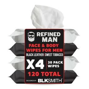 BLKSMITH Refined Man Face & Body Wipes for Men - X4, 30 Pack Wipes (120 Total) - Shower Wipes, Body Wipes for Men, Mens Body Wipes (120 Wipes, Black Leather | Sweet Tobacco)