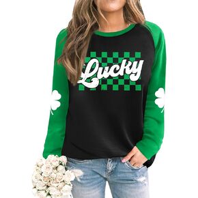 Womens St. Patrick's Day Raglan Long Sleeve Shirt Irish Shamrock Crewneck Sweatshirt