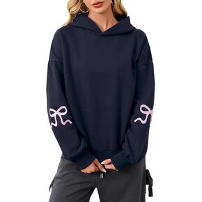 MISSACTIVER Women Oversized Bow Print Hooded Sweatshirt Fleece Long Sleeve Drop Shoulder Graphic Pullover Hoodie Tops