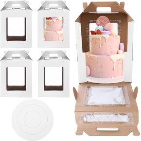 Tall Cake Boxes with 4 windows and Cake Boards,12x12x14 Inch Large Tiered Cake Box,Durable White Bakery Box Disposable Cake Containers Cake Boxes-4pack