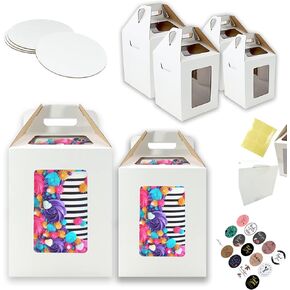 4 Pack Tri-Handle Tall Cake Boxes With Windows In 2 Sizes 10x10x12 & 12x12x14 + 4 Cake Boards 10" & 12", Bakery Caddy Carrier Container With Handle Ideal for 12" & 14" Tiered Cakes