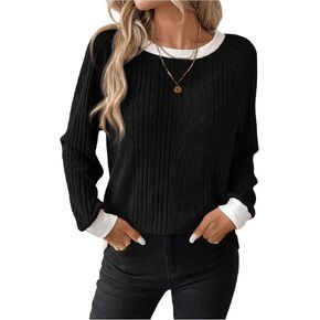 SweatyRocks Women's Ribbed Soft T Shirt Long Sleeve Color Block Crew Neck Sweatshirt Top