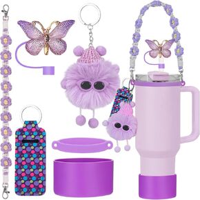 Cup Accessories for Stanley Cup, Stanley Cup Accessories Set Including Silicone Cup Boot, Lipstick Holder, Water Bottle Handle Strap, Keychain Charms, Silicone Cute Straw Stopper Caps