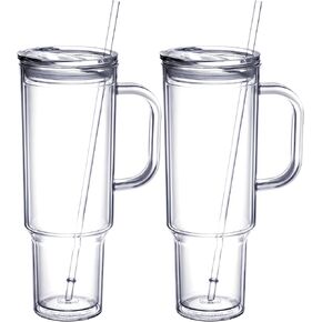 MEWAY 40 oz Tumbler with Handle and Straw Lid，Double Wall Vacuum Reusable plastic Water Bottle Travel Mug Cup，Classic Acrylic Tumblers Cupholder Friendly (2 Pack)
