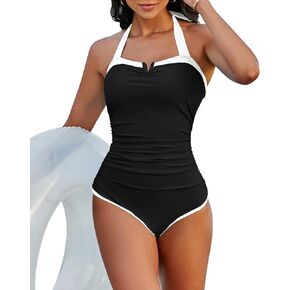 One Piece Swimsuit for Curvy Women - Tummy Control Bathing Suit Backless Color Block Halter Bandeau Modest Swimwear