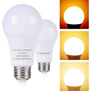 3-Way Led Light Bulbs A21, 50 100 150 Watt Equivalent, Perfect for Reading, 3000K Warm White, Indoor Standard E26 Bulb, Energy Efficient 20 Watt, 2200 Lumens, 2 Pack