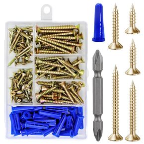 (150Pcs) Yellow Zinc Wood Screw Quick Metal Self Tapping Flat Head with Drywall Plastic Anchors kit