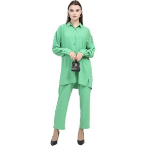 Women's Two Piece Outfits Set Long Sleeve Button Down Shirt with Stone and Long Pant