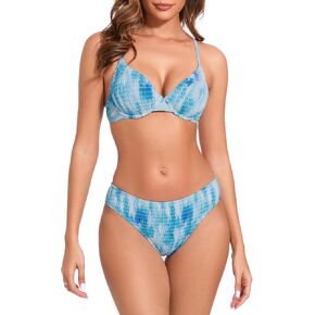 LIZENS Bikini Tie Dye Resilient Spaghetti Strap Blue Bathing Suit Two Piece Bikini for Women