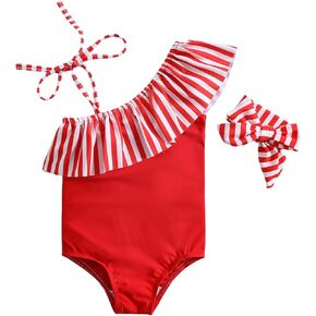Girl's Watermelon Print One Piece Ruffle Hem Cute Swim Bathing Suit
