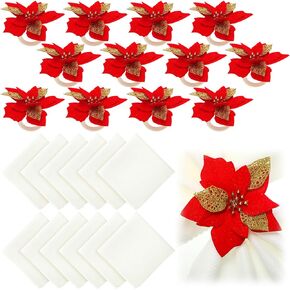 Pickmesh 24 Pcs Christmas Napkin Rings and Cloth Napkins Artificial Poinsettia Flower Napkin Ring Holders Washable Polyester Napkins for Table Wedding Party Holiday Banquet Xmas (Red White)
