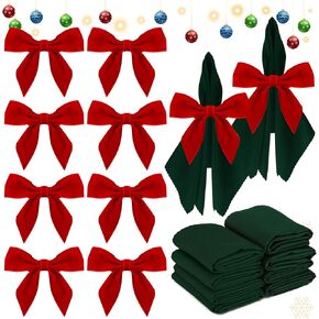 Christmas Napkin Rings Cloth Set of 8, Red Bow Napkin Rings, Christmas Napkin Holder for Party Decoration, Dinning Table, Holiday, Wedding, Family Gatherings Tabletop Décor