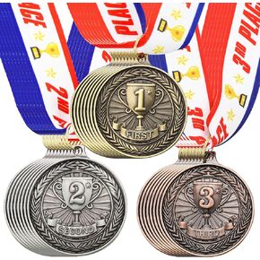 24 Pcs Metal Round Award Medals 2 Inches Gold Silver Bronze Prizes with Neck Ribbon 1st 2nd 3rd Place Medals for Awards Winner Trophy Award for Sports Competitions Party