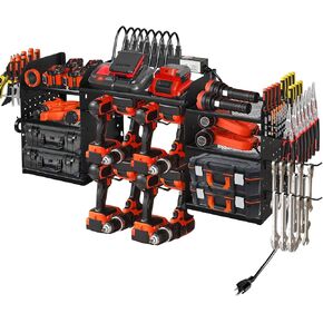 Power Tool Organizer Wall Mount, Large Tool Organizer with Charging Station, Heavy Duty Steel Cordless Drill Holder, 39 Inch Long Power Tool Battery Storage Rack with 8 Outlets Power Strip