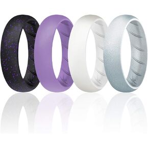 ROQ Silicone Rings for Women, Breathable Silicone Rings, Sets of 4 Bands, Unique Silicone Wedding Ring for Women, Medical Grade Silicone Rubber Band - Silver, Lavender, Black Colors - Size 4