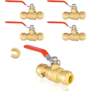 (Pack of 5) Seelink 3/4 Inch Push-Fit Ball Valve with Drain, Disconnect Clip Tools, Brass Shut Off Valve for Pex CPVC and Copper Pipe Connection, Red