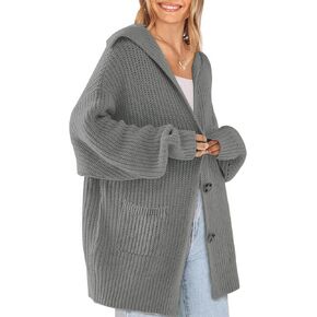 ebossy Women's Oversized Sailor Collar Button Cardigans Chunky Knit Long Sleeve Slouchy Sweaters Coat with Pockets