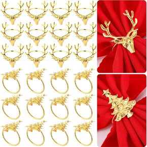 Tioncy 24 Pcs Christmas Napkin Rings Set Gold Elk and Christmas Tree Napkin Holders 12 Pcs Xmas Christmas Tree Napkin Rings 12 Pcs Elk Napkin Holders for Christmas Thanksgiving Dinner Table Supplies