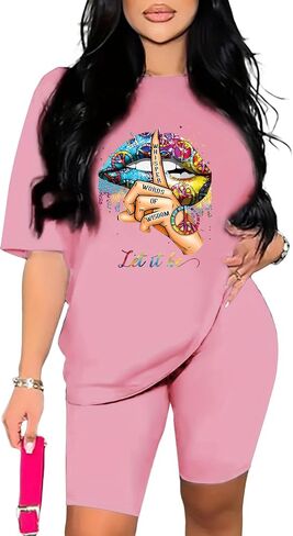 Womens 2 Piece Graphic Outfit Short Sleeve Top and Shorts Set Crew Neck Casual Summer Tracksuit in Saudi Arabia