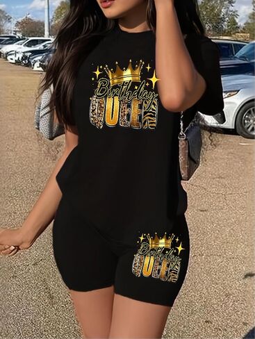 Womens 2 Piece Graphic Outfit Short Sleeve Top and Shorts Set Crew Neck Casual Summer Tracksuit in Saudi Arabia