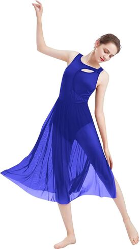 AFAVOM Women's Cutout Lyrical Dance Dress Adult Solid Backless Ballet Leotards Flowy Mesh Dress Contemporary Dance Costumes in Saudi Arabia