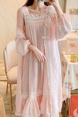 Women's Vintage Nightgown with Robe 2 Pcs Cotton Victorian Sleepwear Sexy Slip Dress Robe Set in Saudi Arabia