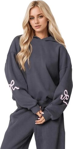 MISSACTIVER Women Oversized Bow Print Hooded Sweatshirt Fleece Long Sleeve Drop Shoulder Graphic Pullover Hoodie Tops in Saudi Arabia