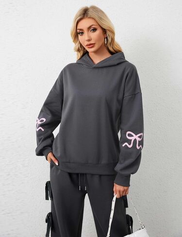 MISSACTIVER Women Oversized Bow Print Hooded Sweatshirt Fleece Long Sleeve Drop Shoulder Graphic Pullover Hoodie Tops in Saudi Arabia