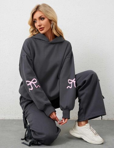 MISSACTIVER Women Oversized Bow Print Hooded Sweatshirt Fleece Long Sleeve Drop Shoulder Graphic Pullover Hoodie Tops in Saudi Arabia