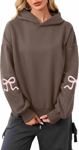 MISSACTIVER Women Oversized Bow Print Hooded Sweatshirt Fleece Long Sleeve Drop Shoulder Graphic Pullover Hoodie Tops in Saudi Arabia