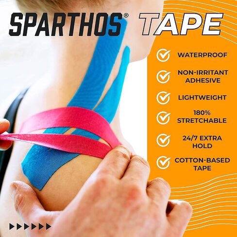 Sparthos Kinesiology Tape - دعم لا يصدق للرياضة الرياضية والانتعاش - دليل تسجيل علم الحركة المجاني! - لفة بعملة 2 بوصة × 16.4 قدم in Kuwait