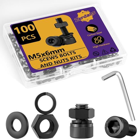 100pcs M5 مسامير مترية البراغي والمكسرات مجموعة التشويش ، M5x6mm مجموعات متري ، 12.9 الصف مسامير رأس السداسي الفولاذية من الصلب الكربون مع قفل وغسالات مسطحة مع وجع ألين واحد لمشاريع الطباعة ثلاثية الأبعاد in Kuwait