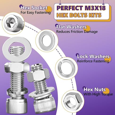 100pcs M5 مسامير مترية البراغي والمكسرات مجموعة التشويش ، M5x6mm مجموعات متري ، 12.9 الصف مسامير رأس السداسي الفولاذية من الصلب الكربون مع قفل وغسالات مسطحة مع وجع ألين واحد لمشاريع الطباعة ثلاثية الأبعاد in Kuwait